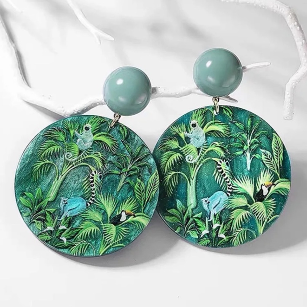Trendy Acrylic Green Circle Tropical Print Palms Earrings